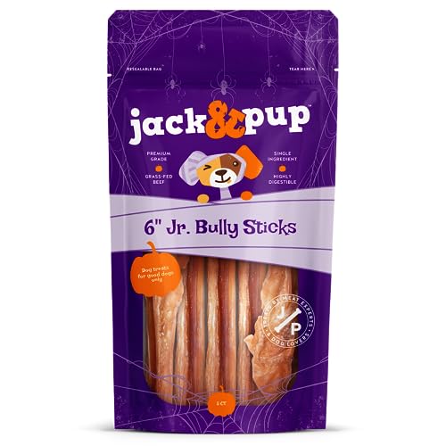 Jack&Pup Halloween Dog Treats Bully Sticks for Dogs | 6" Baby Bully Sticks for Small Dogs- Single Ingredient Dog Treat | Beef Bully Sticks for Puppies Teething (10 Pack)