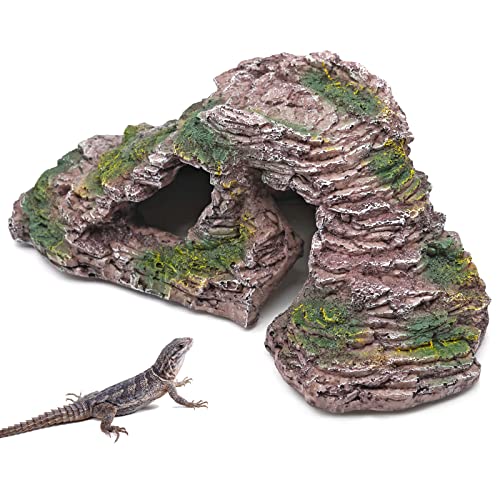 Junniu Reptile Shale Scape Step Ledge Ramps Aquarium Decor Basking Platforms Hide Cave Rock for Leopard Gecko Turtle Newts Arboreal Herps Bearded Dragon Lizards, 12.4in Large Resin