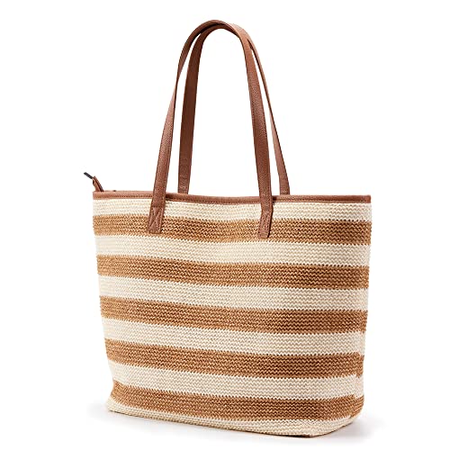 KALIDI Straw Tote Beach Bag Striped Shoulder Handbag Stitch Woven PU Leather Handle Zipper Pocket Travel Shopping Picnic