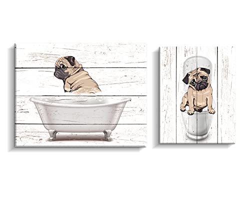 Kas Home 2 Panels Bathroom Decor Funny Bulldog Wall Art In Bathtub and Toilet Canvas Pictures Prints Black White Wall Animal Artwork Wall Decor Sign for Bathroom (White - dog, 12 x 15 inch + 8.6 x 11 inch)