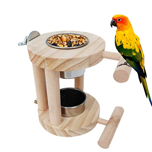 kathson Bird Feeding Cups with Wooden Platform, Bird Bowls Hanging Stainless Steel Parrot Cage Feeder & Water Bowl Parakeet Feeder Bird Perches Stand Cage Accessories for Parakeet Budgies