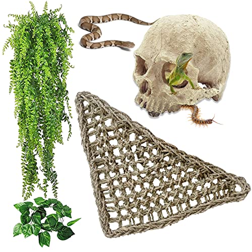 kathson Reptile Habitat Skull Decoration Bearded Dragon Tank Accessories Resin Human Skulls Hide Cave Hanging Vines Plant for Lizards Tortoise Snake Chameleon Spider Reptiles Amphibians(4 PCS)