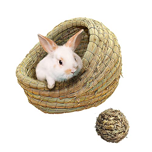 kathson Woven Pet hay Bed for Hamsters, Hand Crafted Grass House for Rabbits, Guinea-Pigs, Bunny and Cats (1ball+Bed)