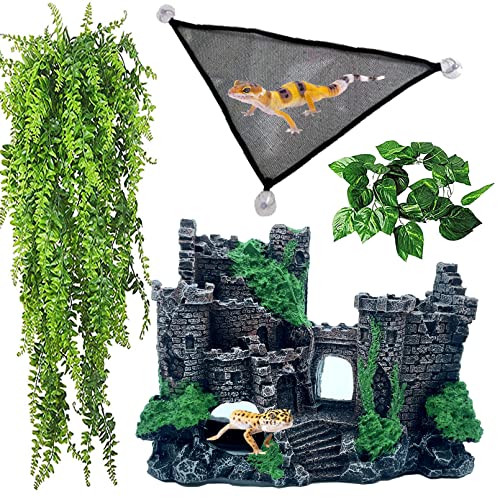 kathson Bearded Dragon Tank Castle Decorations,Reptile Hammock Reptiles Habitat Resin Hideouts Cave Decor Terrarium Accessories for Lizard Snake Chameleon Gecko Hermit Crabs (4 Pcs) 