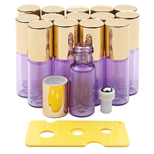 Kesell 5ml Essential Oil Roller Bottles Perfume Small Glass Bottles with Stainless Steel Roll Balls, 15 Pack Leakproof Roll On Bottle (1 Opener)