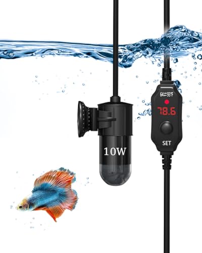 KINGYEENUO Submersible Aquarium Heater 10W, for 1-2 Gallon Tank, Adjustable for Fish Turtle Tank, with Built-in Digital Display Thermometer, USB 5V 2A Powered Water Heater, Memory Function