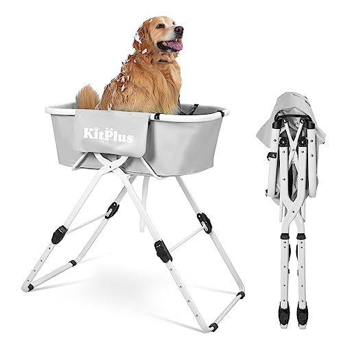 KITPLUS Elevated Dog Bath Tub, 5 Height Adjustable (28-40 in), Foldable and Portable Dog Bathing Station, Pet Bathtub for Small to Medium Size Pets