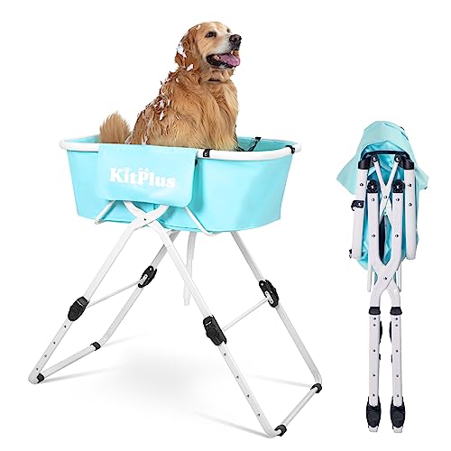 KITPLUS Elevated Dog Bath Tub, 5 Height Adjustable (28-40 in), Foldable and Portable Dog Bathing Station, Pet Wash Station for Small to Large Size Pets