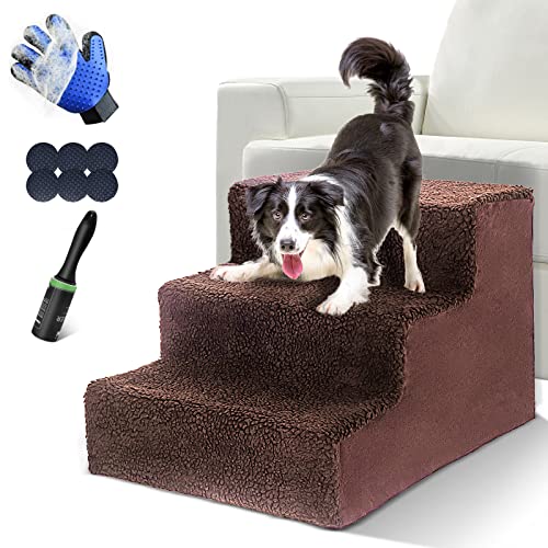 Kphico 3 Tiers Dog Steps, Plastic Pet Stairs Steps with Washable Cover, Non-Slip Dog Ladder for Small Dogs&Older Cat, Send 1 Pet Hair Remover Roller (Brown)