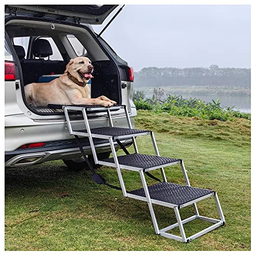 KUCDBUN Extra Wide Dog Stairs for Large Dogs, Foldable Aluminum Dog Steps for Cars, Trucks, SUV, Jeep and High Beds, Dog Car Stairs for Large Dogs Up to 250 lbs, 4 Steps