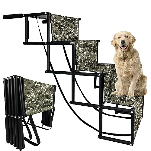 LAFENLIN Portable Dog Stairs for Car,Foldable Dog Step Ladder for Large Dogs,4 Step Pet Stairs with Non-Slip Surface&Strength Frame,Dog Ramp for SUV,Truck,Pet Ladder Supports Up to 150 Lb(Dark Camo)