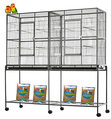 Large Double Flight Bird Wrought Iron Breeder Cockatiel Conure Cage with Slide Out Center Divider Side Breeding Nest Doors with Removable Rolling Stand