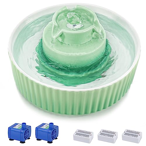 Lawfery Ceramic Cat Water Fountain, 2.1L/70oz Cat Fountain with 3 Carbon Filters and 2 Water Pumps, Cupcake Pet Water Fountain for Cats and Dogs (Green)