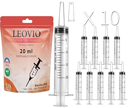 LEOVIO 10 Pack 20ml Plastic Syringe for Liquid - Syringes for Lip Gloss, Measuring, Feeding Pets, Liquid Refilling, DIY Crafts, Scientific Labs & Food - Syringe Without Needle & Individually Sealed