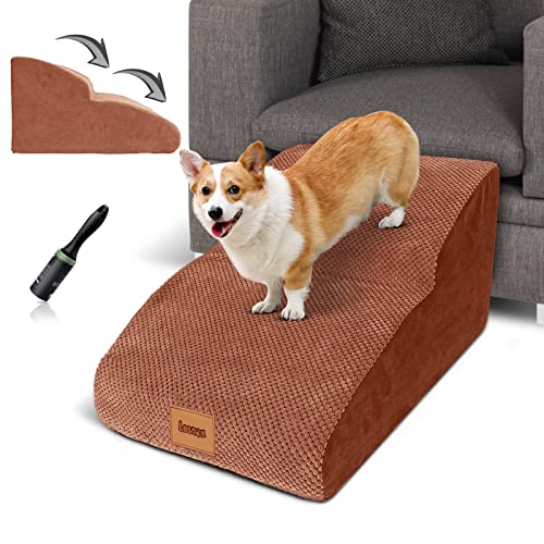 Lesnox Extended Dog Stairs/Steps, 2-Step, 30D Foam Pet Stairs/Steps, Non-Slip, Dog Ramp/Ladder for Couch Sofa, for Small Dogs Cats with Old/Injured/Short-Legged, 11.8" H,Wider Step, Brown