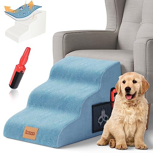 Lesnox Foam Dog Stairs/Steps, 3 Tiers Pet Ramp/Ladder with Waterproof Cover for Bed Couch Sofa, Non-Slip, Dog Stair for Small Dogs Cats with Old/Injured/Short-Legged, 15.7" H