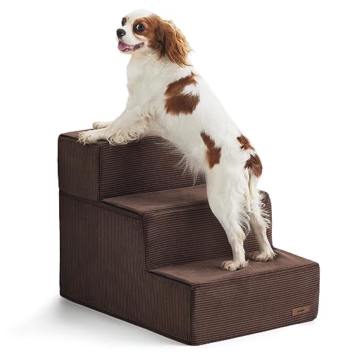 Lesure Dog Stairs for High Beds and Couch - Extra Wide Pet Stairs for Large/Medium/Small Dogs and Old Cats, Foldable Dog Steps with CertiPUR-US Certified Foam and Non-Slip Bottom, Brown, 3 Steps