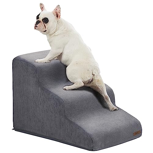 Lesure Dog Stairs for Small Dogs - Dog Ramp for Bed and Couch with CertiPUR-US Certified Foam, Pet Steps with Non-Slip Bottom for Old Cats, Injured Doggies and Puppies, Grey, 3 Steps