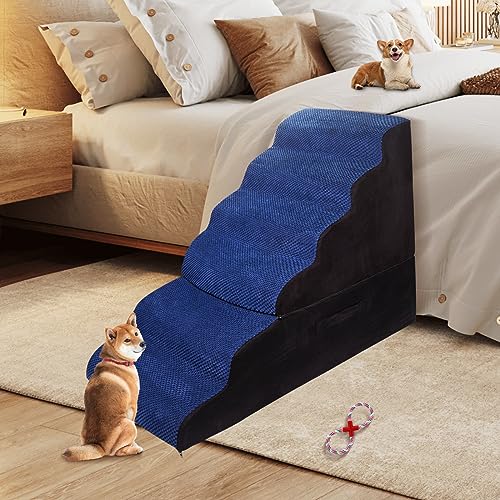 LitaiL 30IN Foam 6 Tiers Pet Stairs/Steps for High Beds High Density Foam Dog Ramp/Stair/Steps for Injured Dogs and Old Cats-Navy Blue