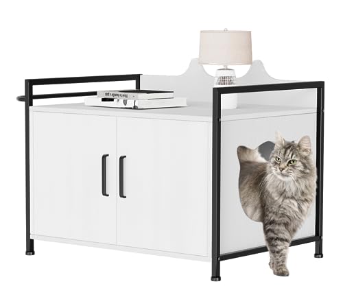 Litter Box Enclosure Cat Furniture, Cat Litter Box Furniture Hidden for Indoor Cats with Storage and Doors, Wooden Cat House Washroom Hidden Cat Litter Box Pet Cabinet, Sturdy Side End Table (White)