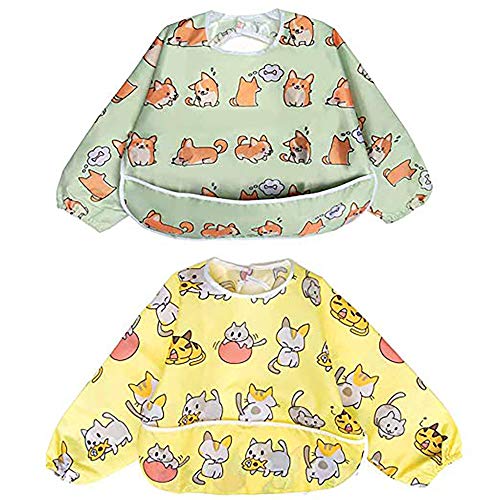 Little Dimsum Full Sleeved Feeding Bib 2 Pack,Baby & Toddler Waterproof Bib Apron,Food Protection Large Pocket Eating Smock 6-48 Months (Little Puppy/Little Cat)