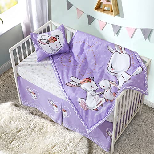 Little Grape Land 4 Piece Neutral Crib Bedding Set for Girls and Boys, CPSIA Certified - Baby Crib Set Purple Rabbit | Crib Sheet, Crib Quilt, Crib Skirt and Pillow Cover Included