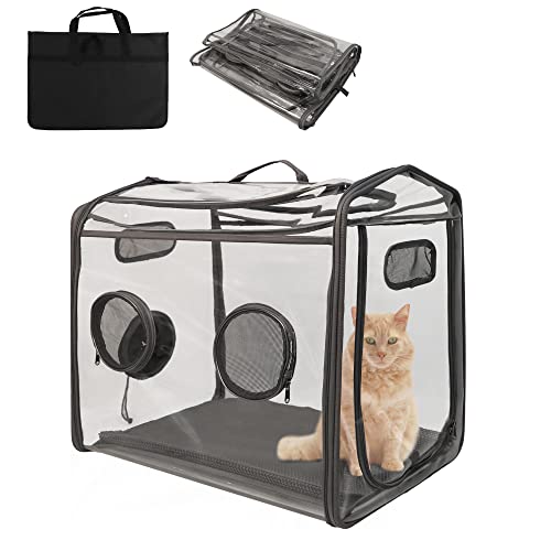 LONABR Pet Dryer Box, Portable Cat Dryer Room, Foldable Dog Crate Dryer Cage with Transparent Sturdy PVC Plastic, Hands-Free, Dog Hair Drying Box for Small Medium Dogs Cats Puppies, Gray