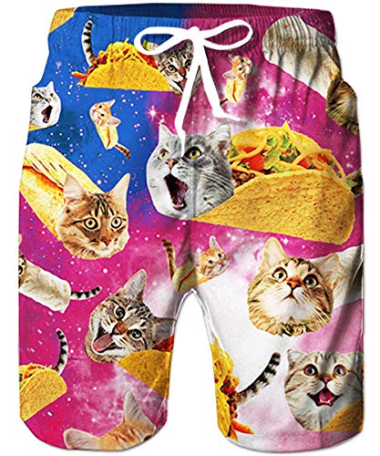 Loveternal Mens Cat Swim Trunks Quick Dry Beachwear Summer Crazy Vacation Swimming Trunks Taco Food Board Beach Shorts with Pockets Male Swim Trunks Bathing Suit for Men Board Shorts L