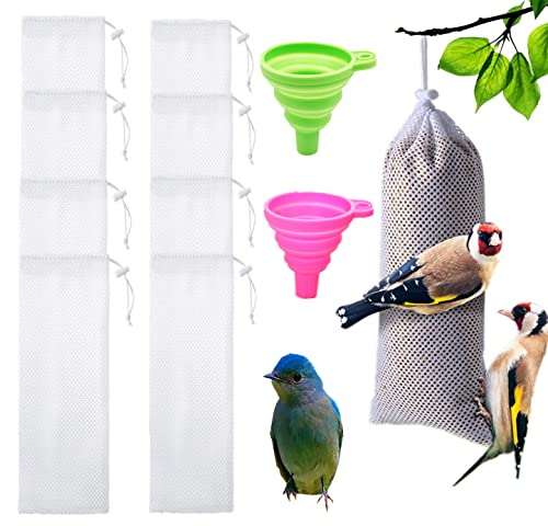 Magnoloran 8 Pieces White Bird Finch Feeder Thistle Seed Sacks Hanging Finch Sock Feeder Bird Seed Feeder Mesh with 2pcs Folding Food Funnel for Garden Yard Outdoor Wildlife Goldfinch Feeding