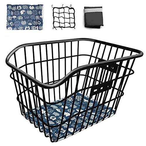 MATTISAM Bike Basket Rear, [Tool-Free Install], Bike Rack Basket for Pet, Metal Wire Bike Cargo Basket, Bicycle Basket for Back of Bike, with Waterproof Cover, Cargo Net, Fits Most Rear Racks