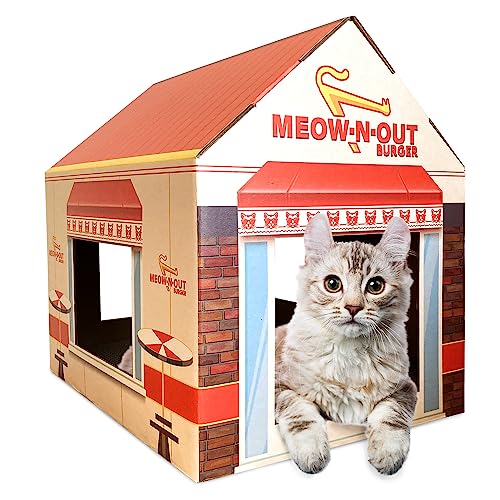 Meow-N-Out Cardboard Cat House - Durable Construction, Interactive Design with Peek-a-Boo Holes and Scratching Surfaces - Easy Assembly and Portability for Endless Feline Fun