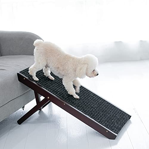 MEWANG 19" Tall Adjustable Pet Ramp - Wooden Folding Portable Dog & Cat Ramp Perfect for Bed and Car - Non Slip Carpet Surface 4 Levels Height Adjustable Ramp Up to 90 Pounds - Small Dog Use Only