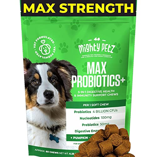 Mighty Petz MAX 5-in-1 Probiotics for Dogs - 4 Billion CFUs per Chew + Prebiotics + Digestive Enzymes + Fiber. Digestion & Occasional Diarrhea Support. Immune System + Seasonal Allergies + Skin & Coat