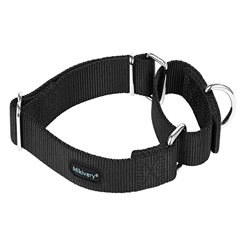 Mikivery Martingale Dog Collar Nylon Adjustable and Safety Training Colourful Comfortable Metal Buckle Pet Collars for Small Medium and Large Dogs(Black,L)