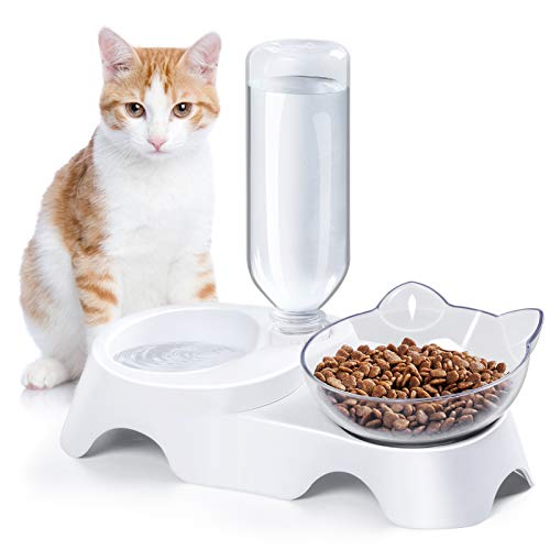 MILIFUN Double Dog Cat Bowls Pets Water and Food Bowl Set with Automatic Waterer Bottle for Small or Medium Size Dogs Cats (White)