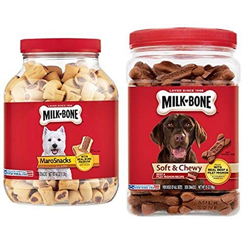 Milk-Bone Dog Treats Bundle: 40-Ounce Canister Marosnacks, 25-Ounce Canister Soft & Chewy Beef & Filet Mignon