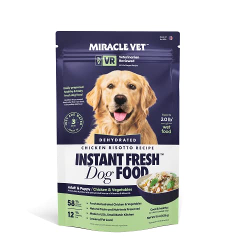 MIRACLE VET Dehydrated Dog Food and Topper for Puppies and Adults - Natural Chicken & Vegetables Low Fat Diet for Weight Management, Healthy Digestion, Sensitive Stomach - Makes 2lb Fresh Wet Dog Food