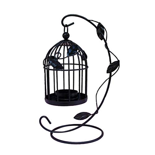 Mobestech Metal Candle Holder Hollow Out Bird Cage Vintage Hanging Candlestick Lantern for Home Wedding Centerpiece Decoration (Black)