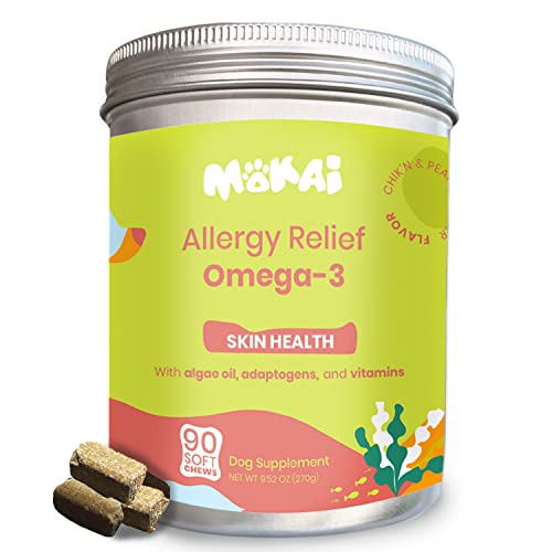 Mokai Algae Omega 3 for Dogs and Dog Allergy Chews | Vegan DHA Supplements Dog Fish Oil and Wild Alaskan Salmon Oil for Dogs Alternative for Dog Allergy Relief and Hot Spot Treatment for Dogs