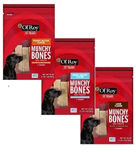 Mondoro Group Long Lasting Dog Treat Bone Chews Peanut Butter, Greek Yogurt and Liver Flavors, 21 Bully Sticks Total, Ol Roy Munchy Bones Bundle Bulk Variety Pack for Medium Large Dogs Puppies