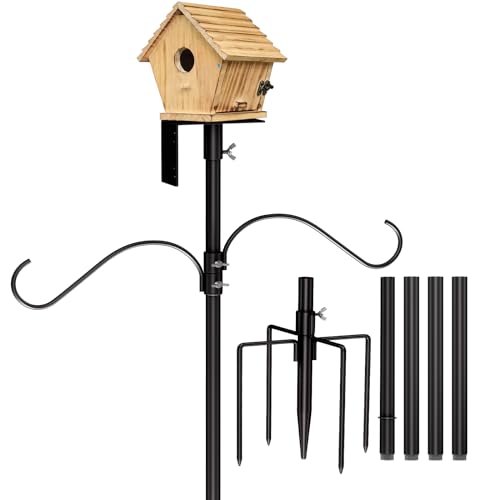 Mosloly Bird House Pole Kit 80inch - Universal Metal Bird Feeders Pole Mount Set with 5-Prongs Base and 2 Hanging Arms, Bird Feeding Station for Bird Watching, Plant Hanger