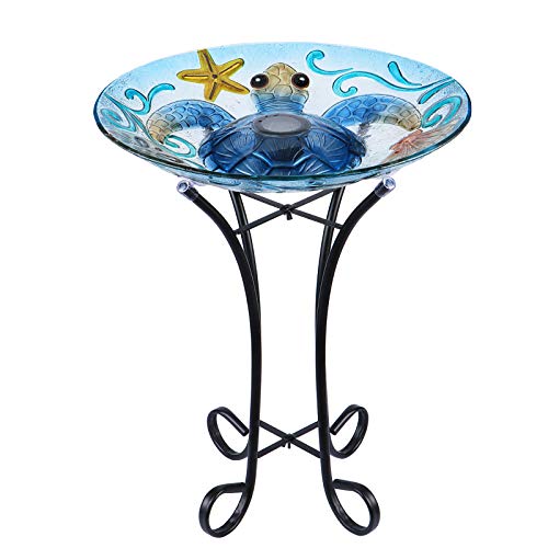 MUMTOP Glass Bird Bath, Bird Baths for Outdoors, Solar Bird Feeder with Metal Stand for Garden, Yard, Lawn Decor sea Turtle Pattern(Blue, 21.5"X18")