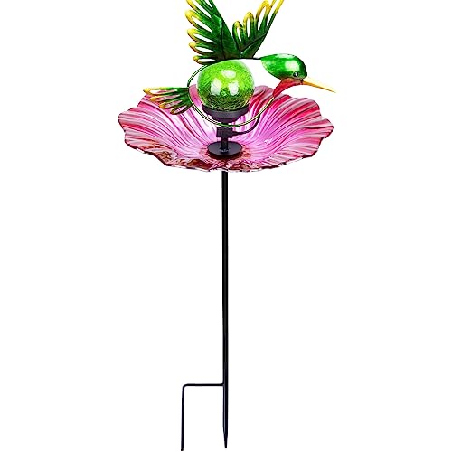 MUMTOP Glass Bird Baths for Outdoors, Solar Outdoor Birdbaths with Crackle Glass Globe Lights Hummingbirds Decorations for Garden Yard Outside, Pink