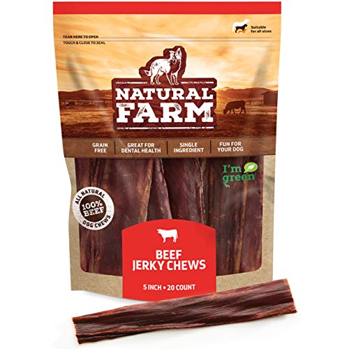 Natural Farm Beef Jerky Gullet Sticks Flat - 5-Inch (20-Pack), Grass-fed Beef, Glucosamine & Chondroitin, Rich Flavor, Highly Digestible, Chewy Yet Tender