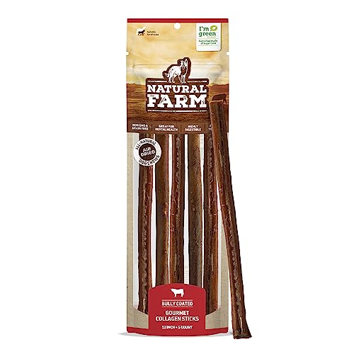 Natural Farm Bully Coated Gourmet Collagen Sticks (12 Inch, 5 Pack), Real Bully Beef Coated, 95% Natural Collagen, Supports Healthy Joints, Skin & Coat - Best for Small & Medium Dogs