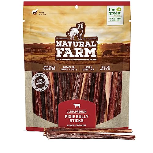 Natural Farm Bully Sticks (6 Inch, 50 Pack), Thin Pixie Pizzle Beef Treats, Grain-Free, High Protein, Best Rawhide Alternative for Small, Puppies or Senior Dogs