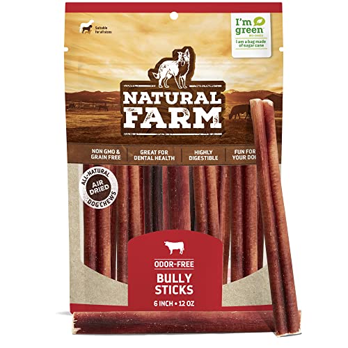 Natural Farm Bully Sticks, Odor-Free, (6 Inch, 12 Ounces), Packaged by Weight, 100% Beef Pizzle Chews, Grass-Fed, Fully Digestible Treats to Keep Your Puppies, Small and Medium Dogs Busy