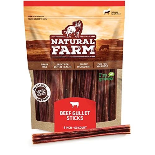 Natural Farm Gullet Sticks (6 Inch, 50 Pack) - One Ingredient Beef Esophagus Chews - Fully Digestible, Promotes Joint & Dental Health, for Pups, Small & Senior Dogs