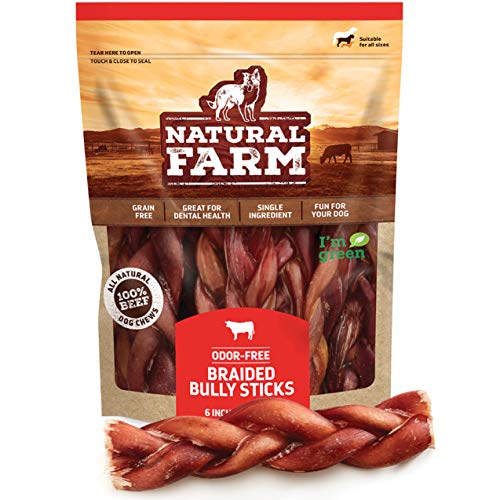 Natural Farm Odor-Free Braided Bully Sticks (6 Inch, 5 Pack) - 100% Grass-Fed Beef, Grain-Free, Low Fat & Fully Digestible Best Dental Treats - Safest Long Lasting Pizzle Chews to Keep Your Dog Busy