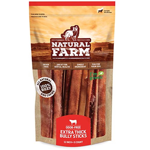 Natural Farm Odor Free Jumbo Bully Sticks (12 Inch, 5 Pack), Extra-Thick Chews for Dogs, Fully Digestible 100% Beef Treats, Supports Dental Health, Keep Your Dog Busy with 50% Longer Lasting Chews